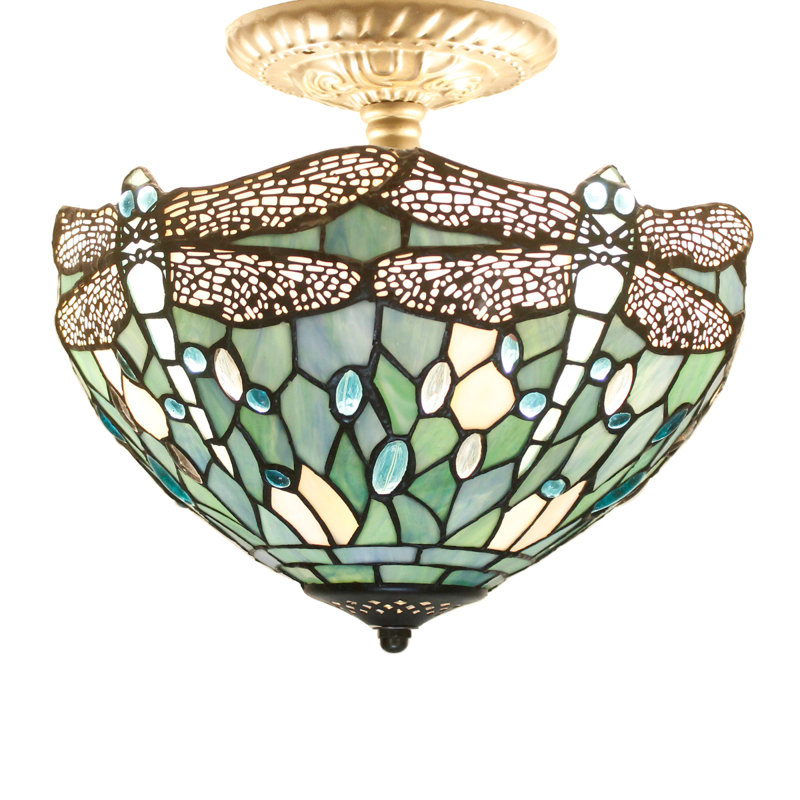 Bloomsbury Market Tiffany Ceiling Light Sea Blue Stained Glass Dragonfly Semi Flush Mount Lamp Wide 12 Height 11 inch Reviews Wayfair